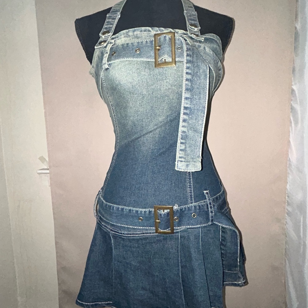 Fashionnova Stylish Denim Halter Dress with Belt